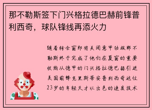 那不勒斯签下门兴格拉德巴赫前锋普利西奇，球队锋线再添火力
